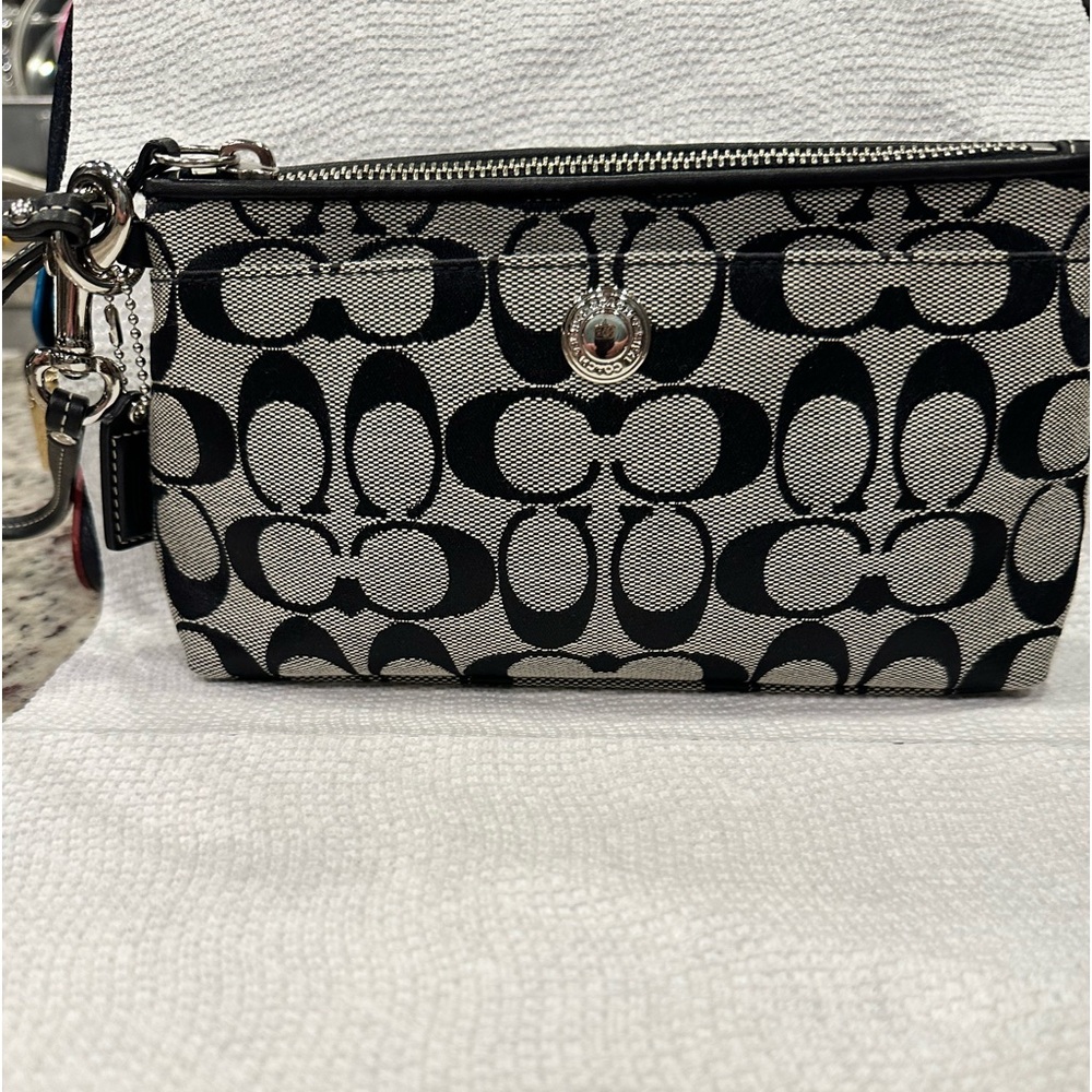 EUC coach logo canvas leather trim wristlet